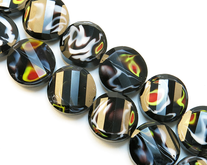Crystal Millefiori Twist Flat Round - Black Millefiori