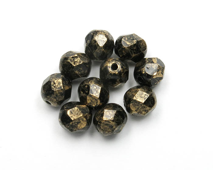 FP06_23980-GM Firepolish 6mm Gold Marbled - Jet Facetovane staklene perle
